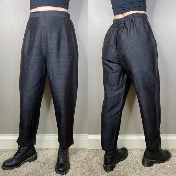 Vintage 100% raw silk pull-on easy pants balloon leg tapered trousers black M - Picture 17 of 17